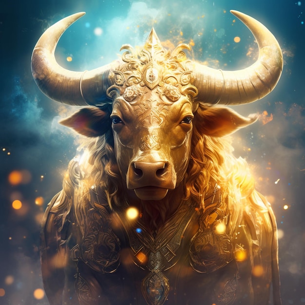 There is a bull with horns and a gold head on a dark background generative ai