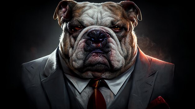 there is a bulldog in a suit and tie with a red tie generative ai