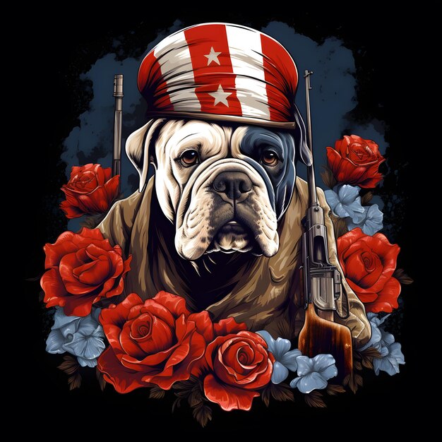 Foto c'è un bulldog che indossa un cappello militare e tiene una pistola.
