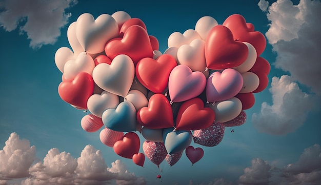 There is a bunch of heart shaped red pink and white colour foil balloons flying on the blue sky and