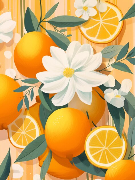 There is a bunch of oranges and white flowers on a striped background generative ai