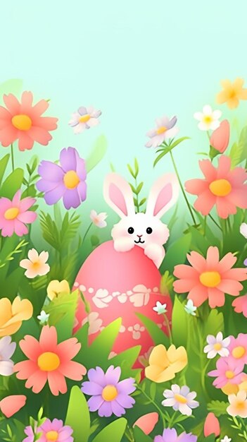 There is a bunny sitting in a field of flowers with an easter egg generative ai