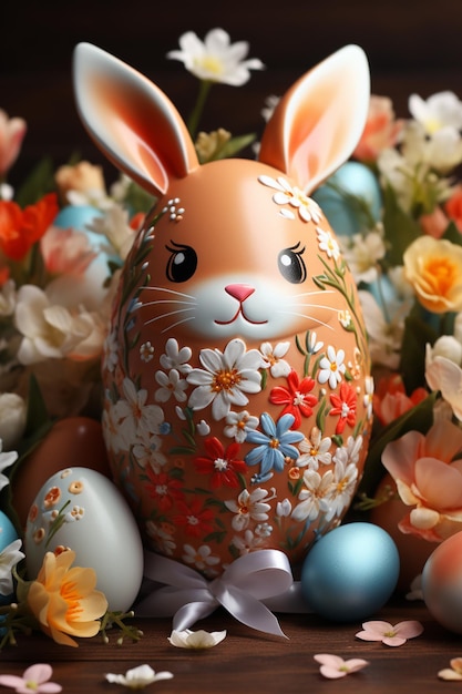 Photo there is a bunny with a flowered head and a bunch of eggs generative ai