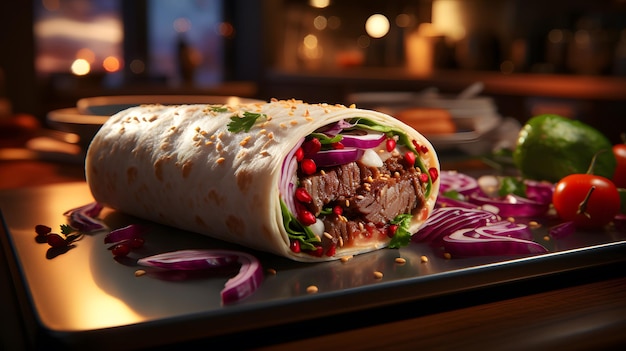 there is a burrito with meat and vegetables on a tray Generative AI