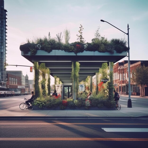 Foto c'è una fermata dell'autobus con un tetto verde e piante sul tetto generative ai