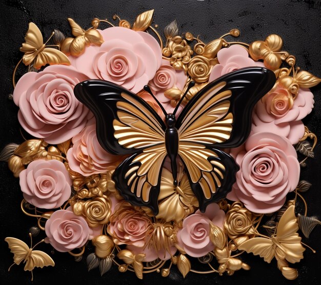 Photo there is a butterfly on a flower arrangement with gold leaves generative ai