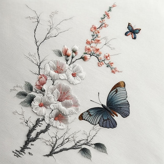 there is a butterfly and a flower on a white cloth generative ai