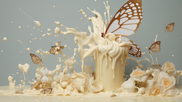 There is a butterfly flying over a cake with cream and butterflies generative ai