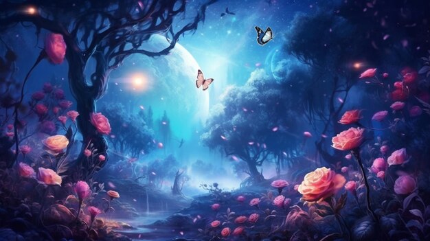 There is a butterfly flying over a flower garden with a moon generative ai