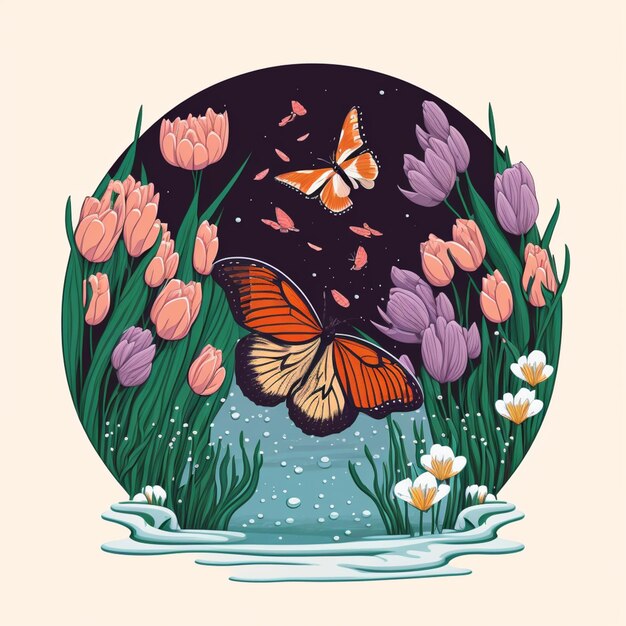 there is a butterfly flying over a pond with flowers generative ai