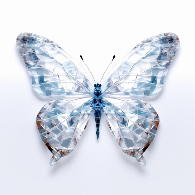 白い表面に座っているクリスタルで作られた蝶があります