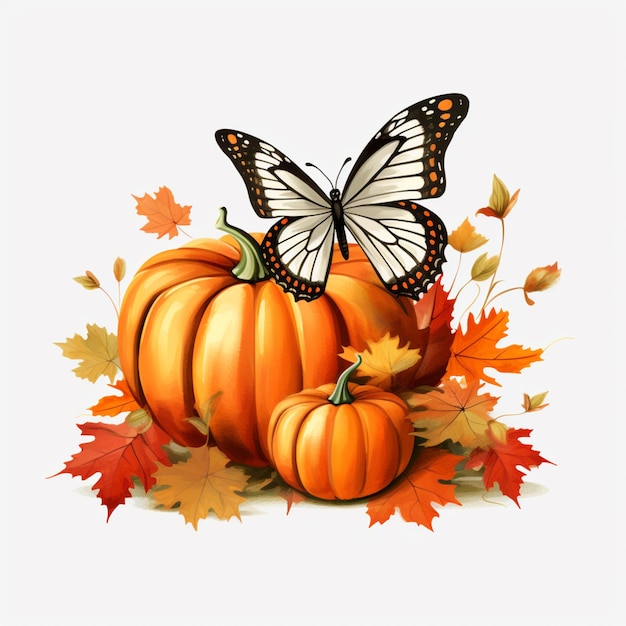 there is a butterfly sitting on a pumpkin with leaves around it generative ai