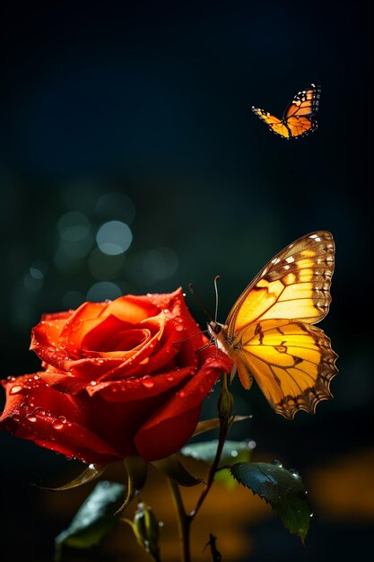 Photo there is a butterfly that is flying over a rose generative ai