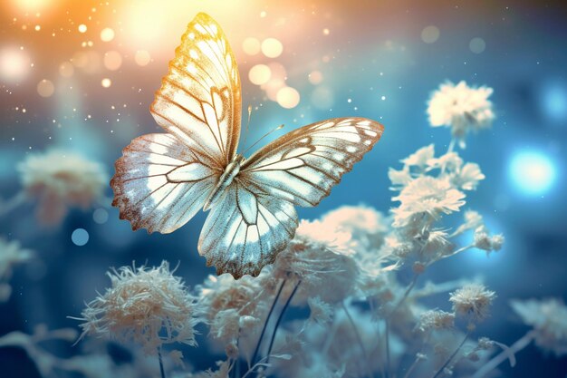 there is a butterfly that is flying over some flowers generative ai