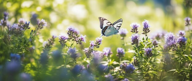 Foto c'è una farfalla che vola sopra alcuni fiori viola generativa ai