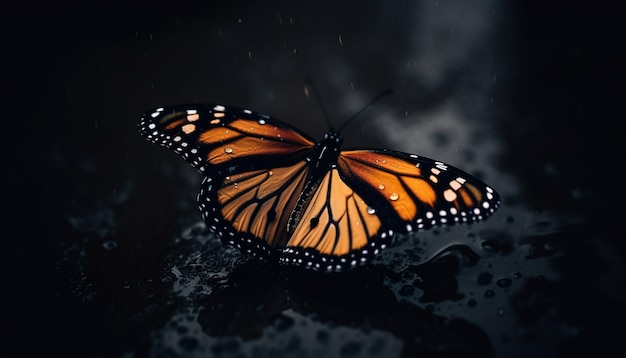 there is a butterfly that is sitting on a black surface generative ai