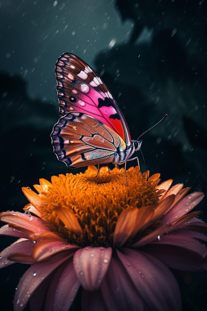 there is a butterfly that is sitting on a flower in the rain generative ai