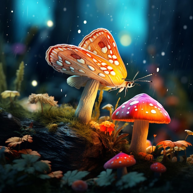 there is a butterfly that is sitting on a mushroom generative ai