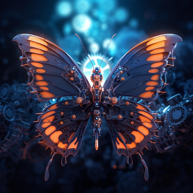 there is a butterfly that is sitting on a plant with orange lights generative ai
