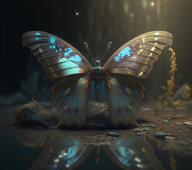 There is a butterfly that is sitting on a rock in the water generative ai