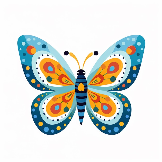 Есть бабочка с синим и оранжевым рисунком на крыльях.