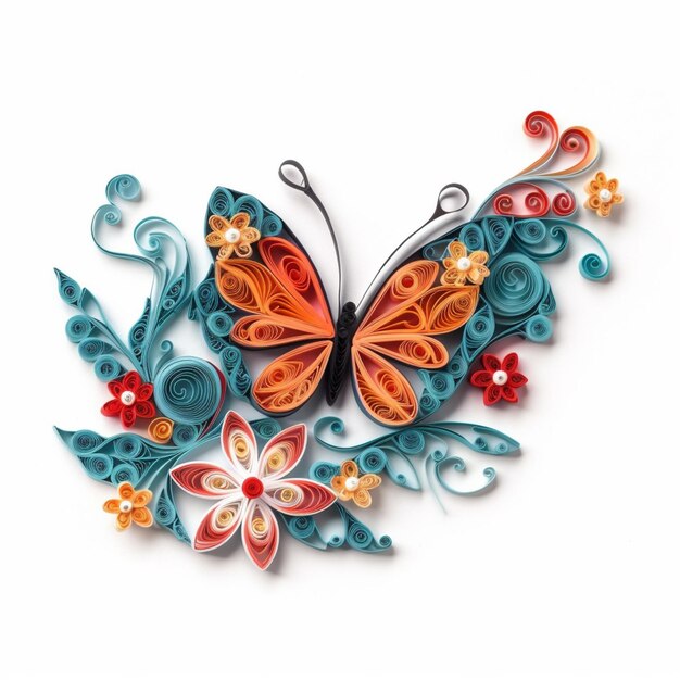 Foto c'è una farfalla con fiori colorati su di essa su una superficie bianca generativa ai