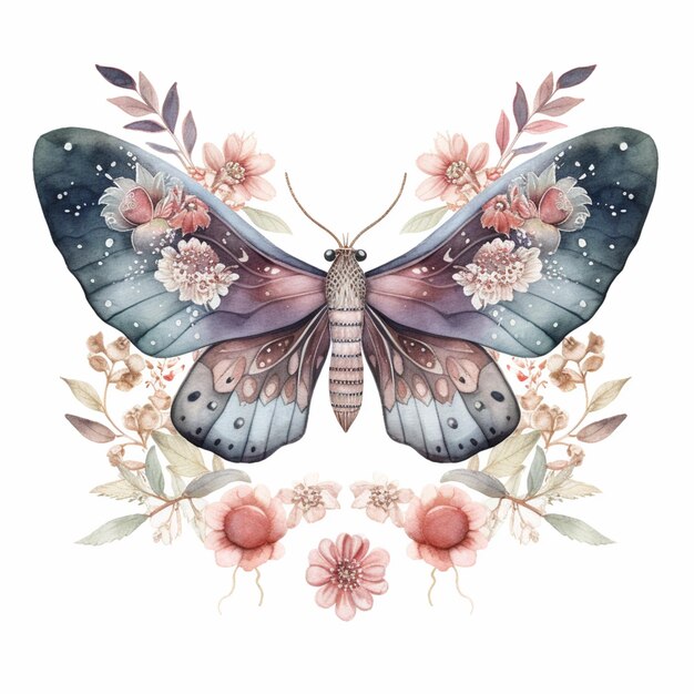 there is a butterfly with flowers and leaves on it generative ai