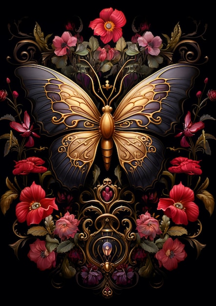 there is a butterfly with gold and blue wings surrounded by flowers generative ai