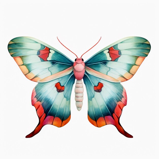 there is a butterfly with a pink and blue wing on a white background generative ai