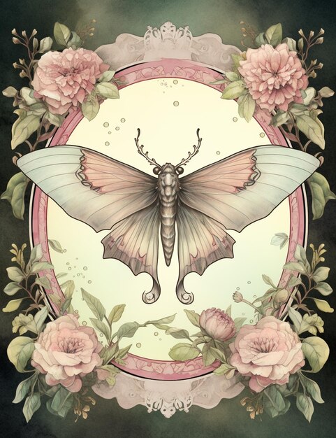 есть бабочка с розовыми крыльями и цветами вокруг нее, генеративный ИИ