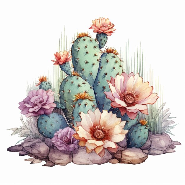 there is a cactus plant with flowers on a rock generative ai