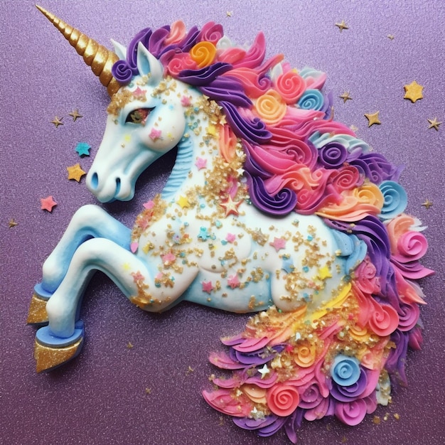 there is a cake shaped like a unicorn with a long mane generative ai