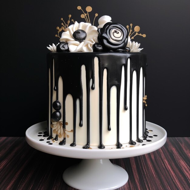 Photo there is a cake with black and white icing on a cake stand generative ai