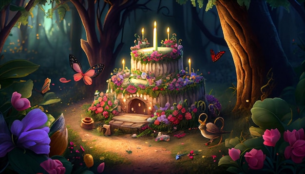 В лесу есть торт с свечами.