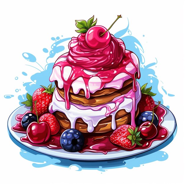 There is a cake with a cherry on top and berries on the side generative ai