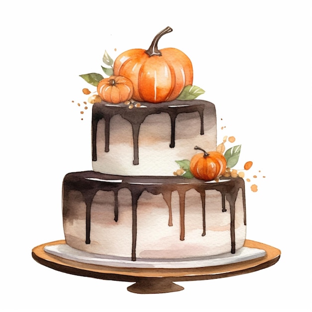 There is a cake with chocolate icing and pumpkins on top generative ai