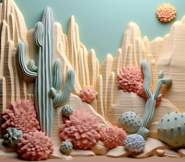 There is a cake with desert and cactus plants on it generative ai
