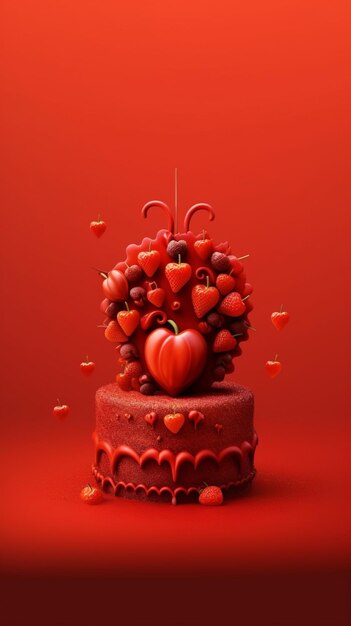 There is a cake with a heart made of strawberries and cherries generative ai