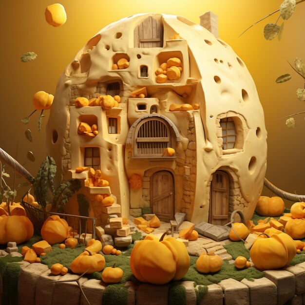 There is a cake with a house made of pumpkins on it generative ai