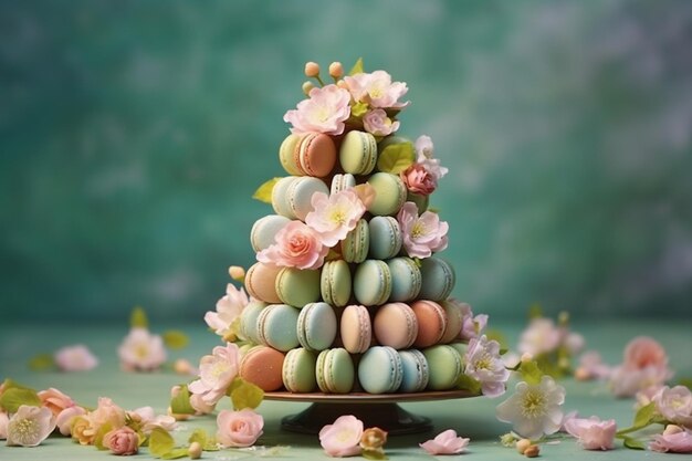 There is a cake with macarons and flowers on it generative ai