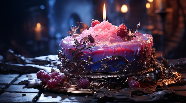 there is a cake with pink frosting and raspberries on it generative ai