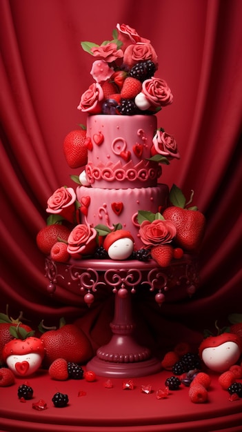There is a cake with strawberries and berries on it generative ai