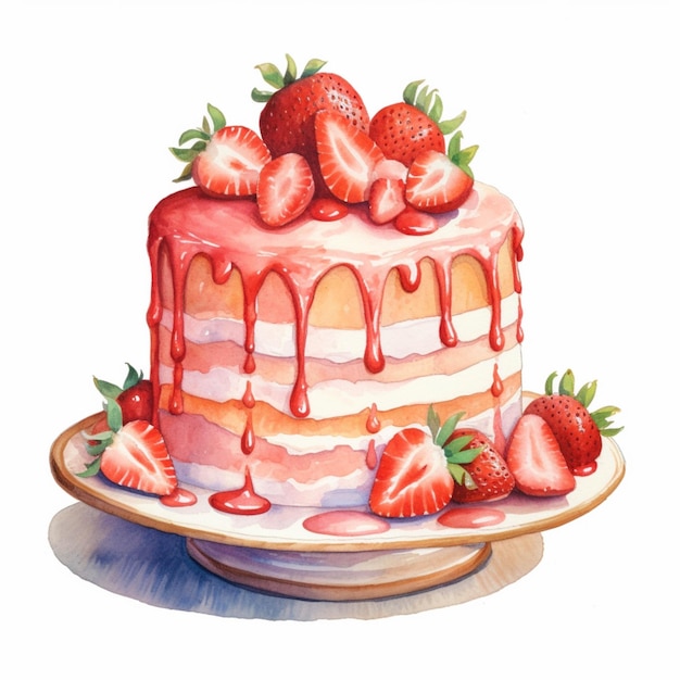 There is a cake with strawberries on top of it on a plate generative ai