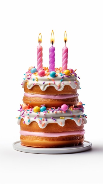 There is a cake with three candles on top of it generative ai