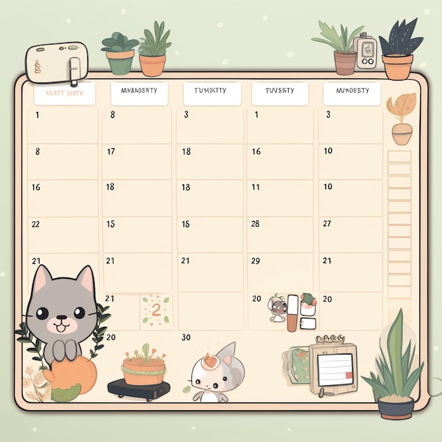 there is a calendar with a cat and a cat sitting on it generative ai