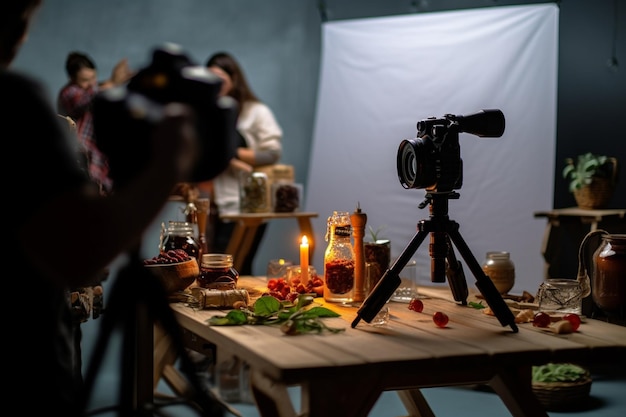 There is a camera that is sitting on a table with food generative ai