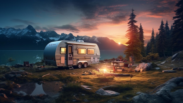 There is a camper trailer parked on the side of a lake generative ai