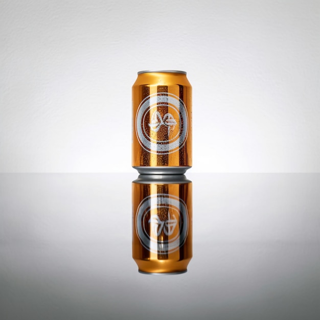 Photo there is a can of beer sitting on a table with a reflection generative ai
