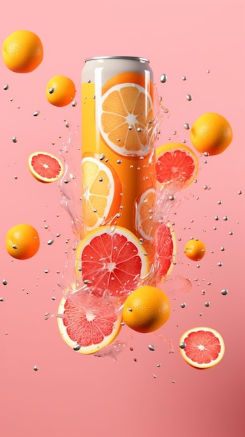 there is a can of orange juice with oranges and grapefruits generative ai