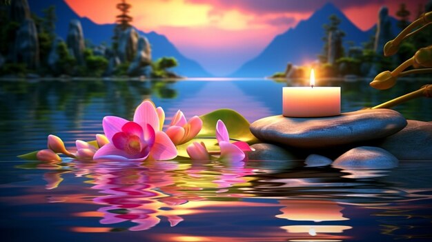 There is a candle and some flowers on the water generative ai